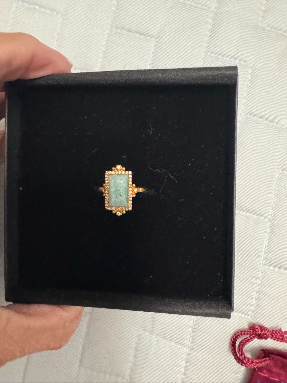Gold-Tone Ring with Rectangular Green Stone and Pavé Accents
